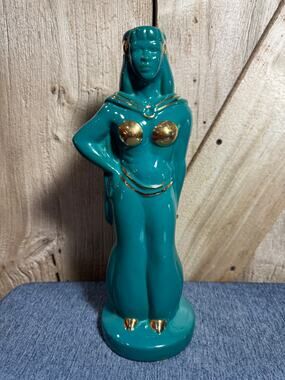 Vintage Ceramic Egyptian Revival Female Figurine Teal Glaze w/ Gold Accents